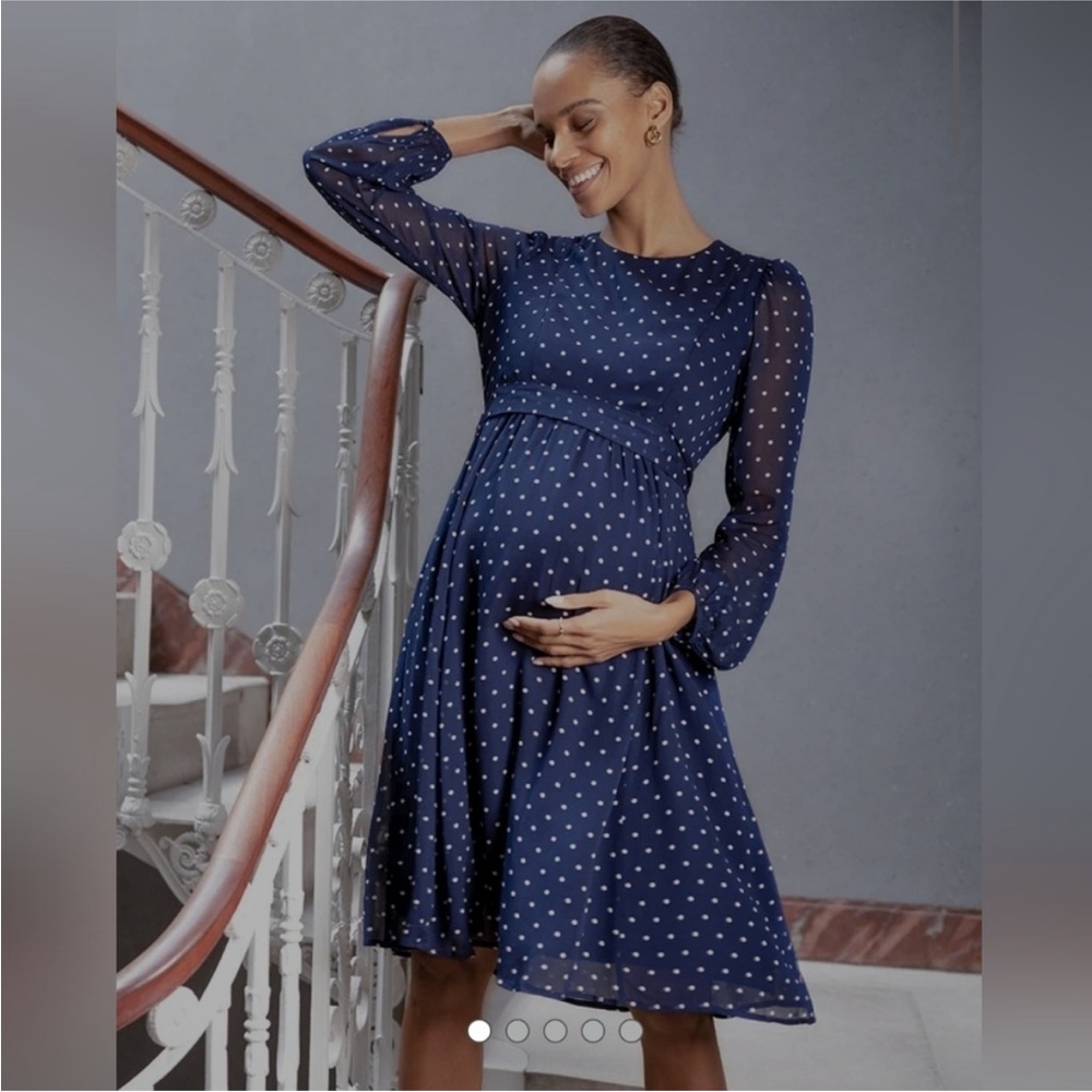 Seraphine Luxe Gracelyn Navy & White Spot Chiffon Maternity to Nursing D…